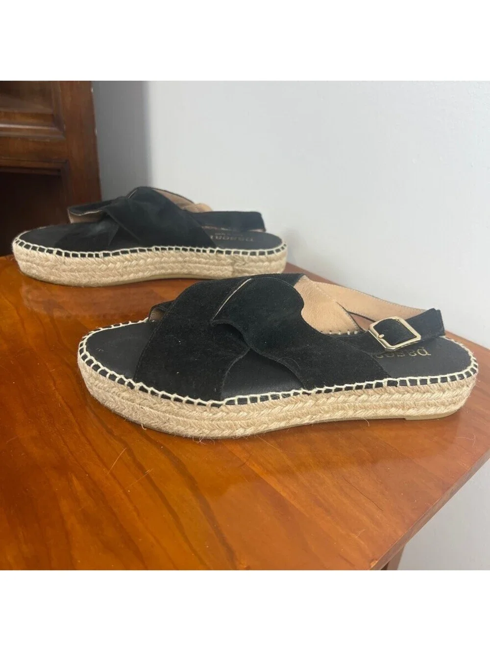 Paseart Black Suede Espadrille Platform Sandals Women's EU 39 Leather Slingback